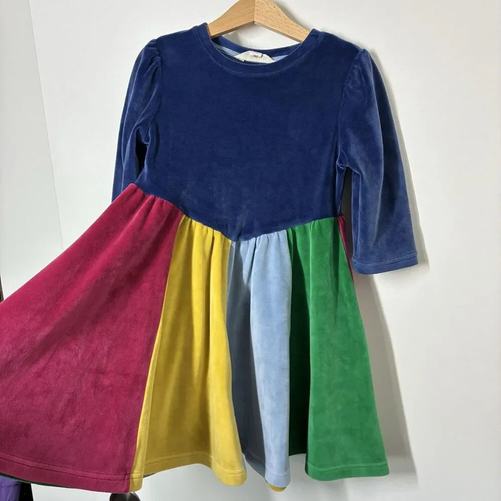 Mini Boden Dress Girls 5-6Y Multicolor Velour Colorblock Fit & Flare Party